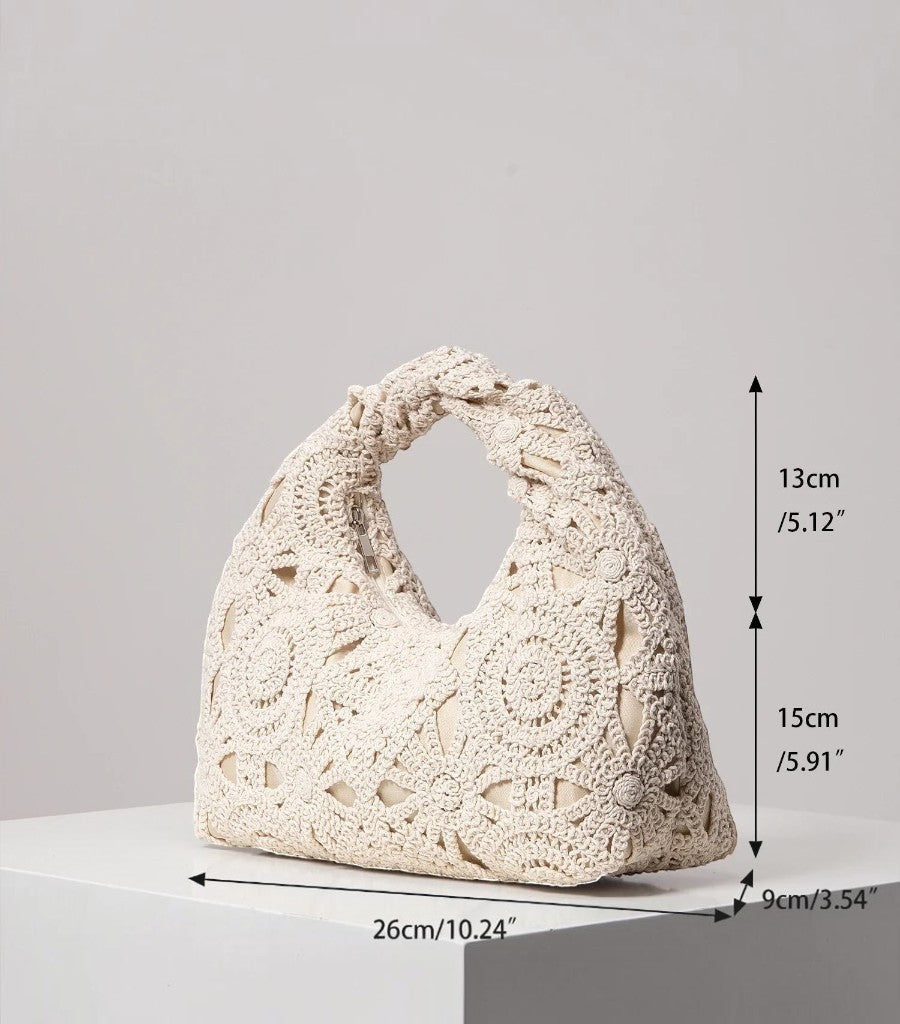 Bolso de rejilla Clarvyna con diseño de crochet artesanal, estilo mediterráneo veraniego