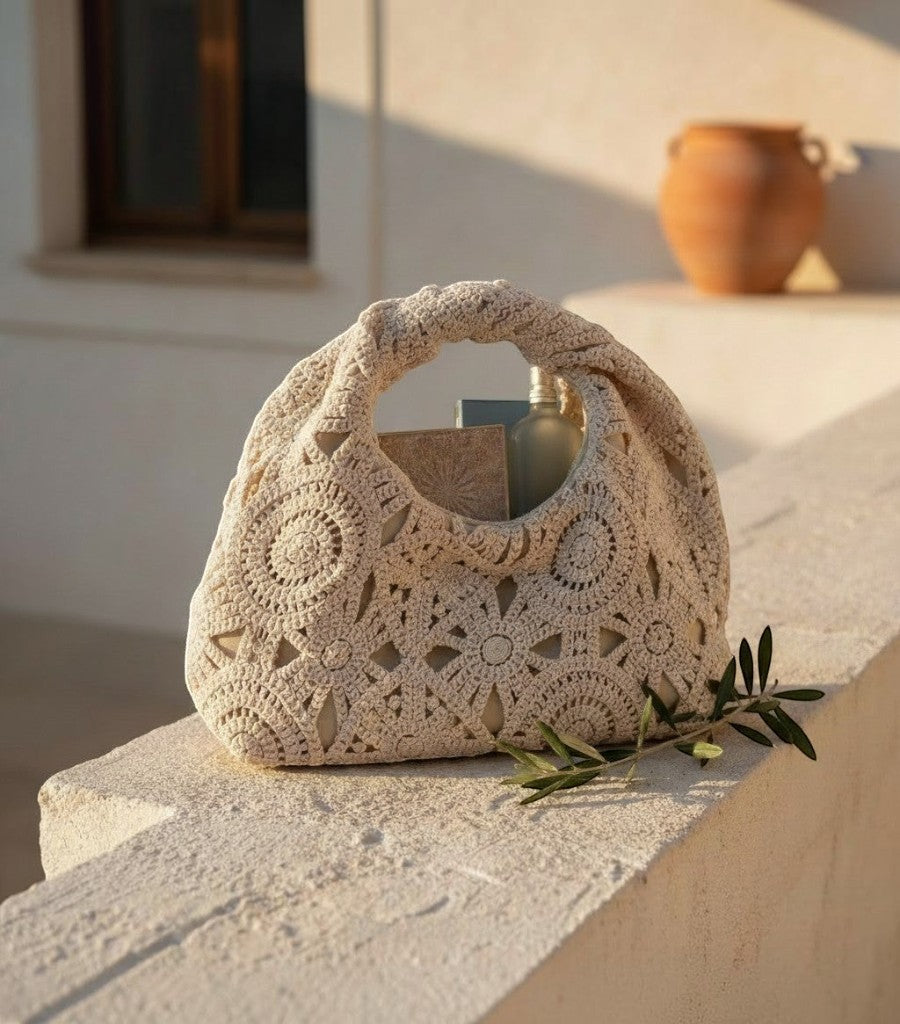 Bolso de rejilla Clarvyna en color beige con diseño de crochet floral, ideal para un look veraniego y elegante.