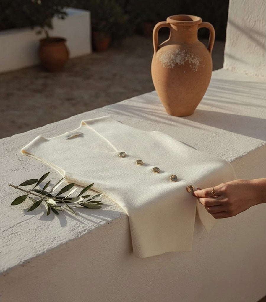 Chaleco de punto Clarvyna color crema con botones frontales, estilo preppy sobre una superficie de piedra