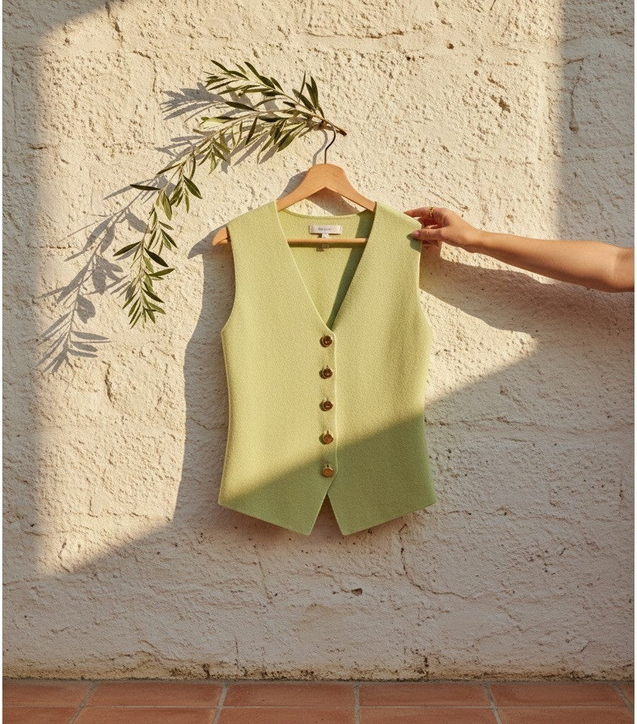 Chaleco de punto Clarvyna color verde lima con botones frontales y cuello en V, estilo preppy elegante