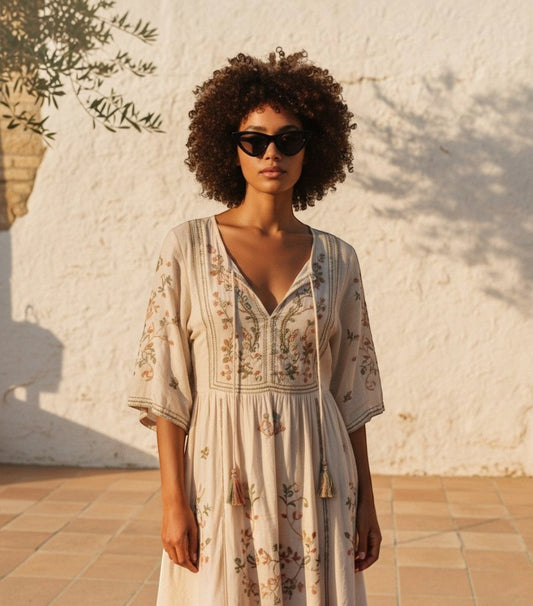 Modelo con gafas de sol Clarvyna Cat Eye Walker negras y vestido bordado estilo boho en un entorno soleado