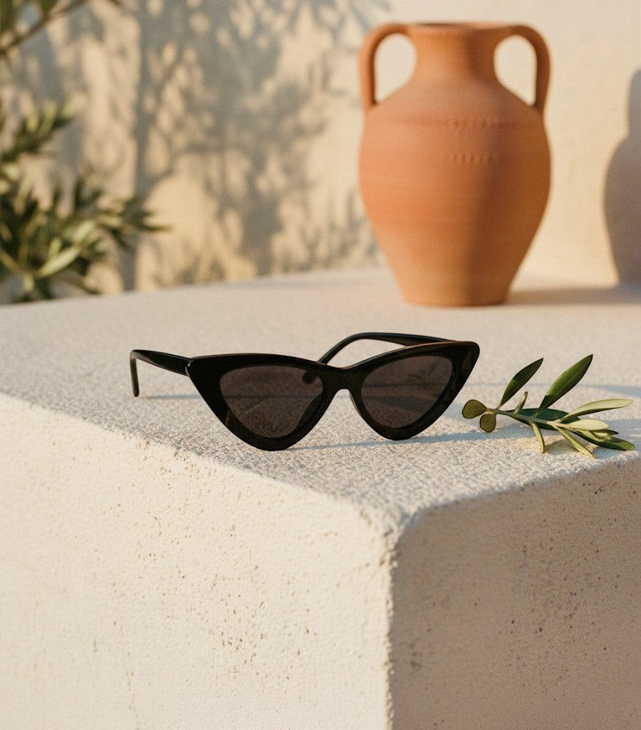 Gafas de sol Clarvyna modelo Cat Eye Walker en color negro con montura elegante sobre una superficie de piedra