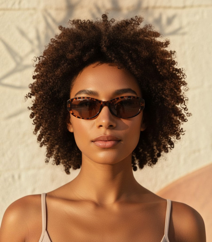 Mujer con gafas de sol Clarvyna de montura ovalada con estampado carey y estilo retro bajo luz cálida