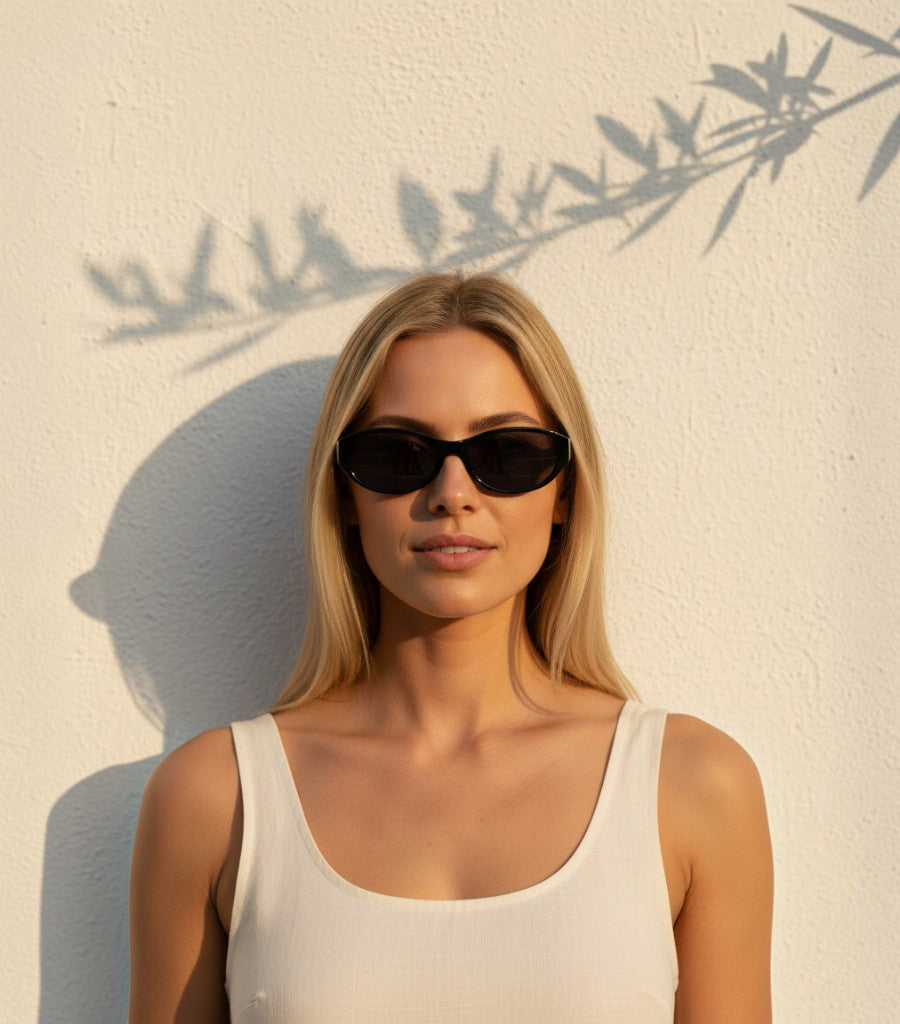 Mujer rubia con gafas de sol Clarvyna de montura ovalada negra estilo retro frente a una pared blanca con sombras