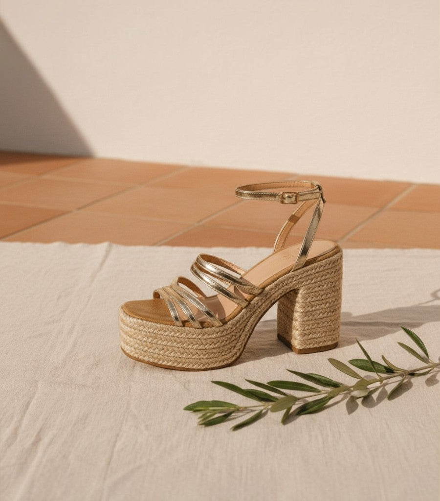 Sandalias Clarvyna de plataforma con suela de esparto natural y tiras cruzadas en color dorado metalizado