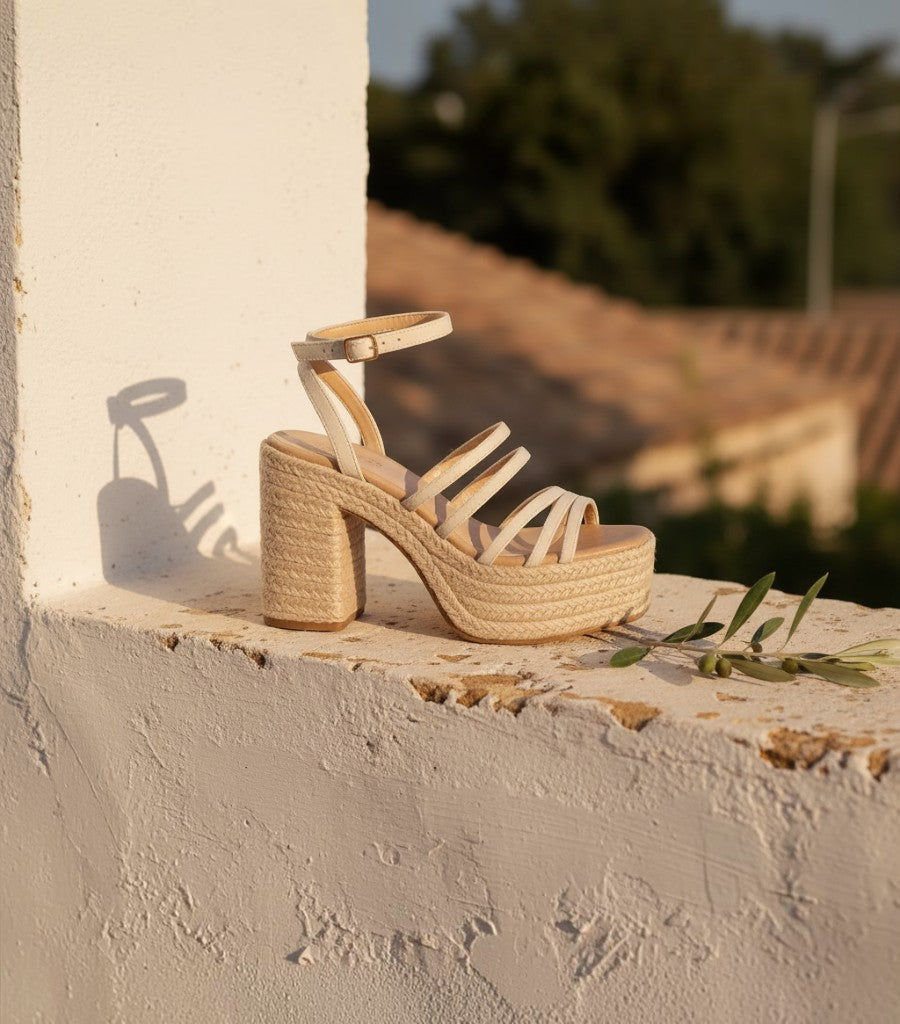 Sandalias Clarvyna de plataforma con suela de esparto natural y tiras cruzadas en color beige sobre muro de piedra