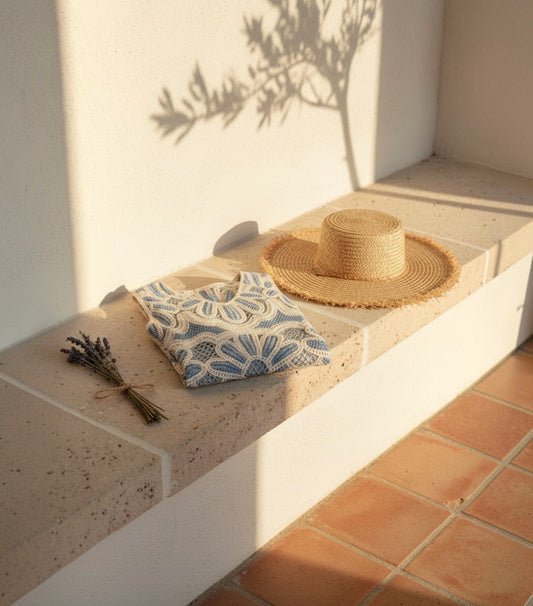 Top de crochet Clarvyna con diseño floral azul y blanco, junto a un sombrero de paja y lavanda en un banco soleado.