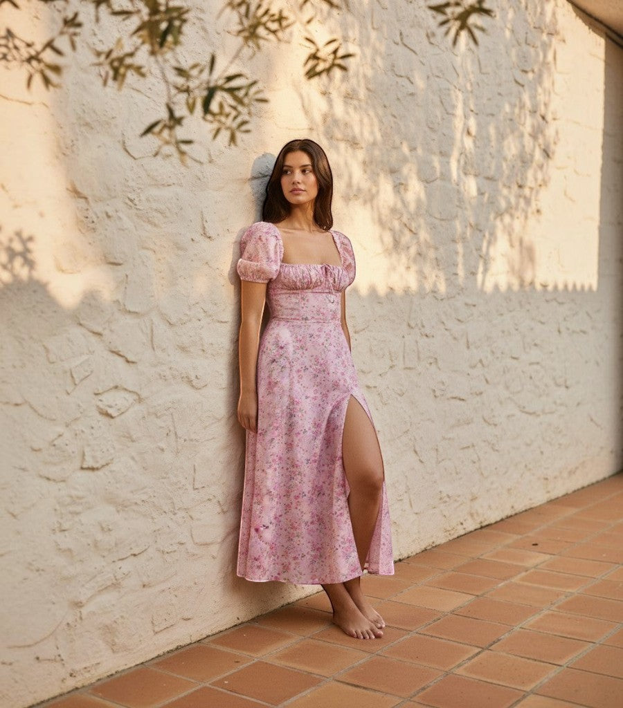 Modelo con vestido Clarvyna Amada rosa de flores, mangas abullonadas, escote cuadrado y abertura lateral en la pierna