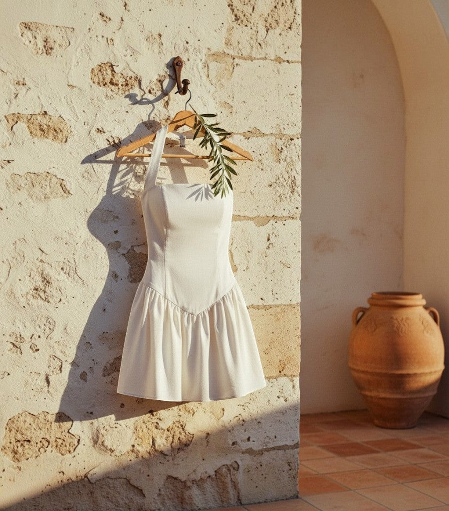 Vestido corto blanco Clarvyna con cuello halter y falda con vuelo, colgado en una pared de piedra rústica