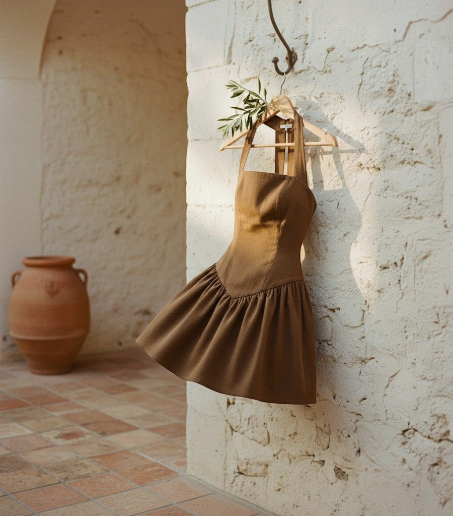 Vestido corto Solana de Clarvyna en color marrón, diseño fresco con cuello halter y falda con vuelo
