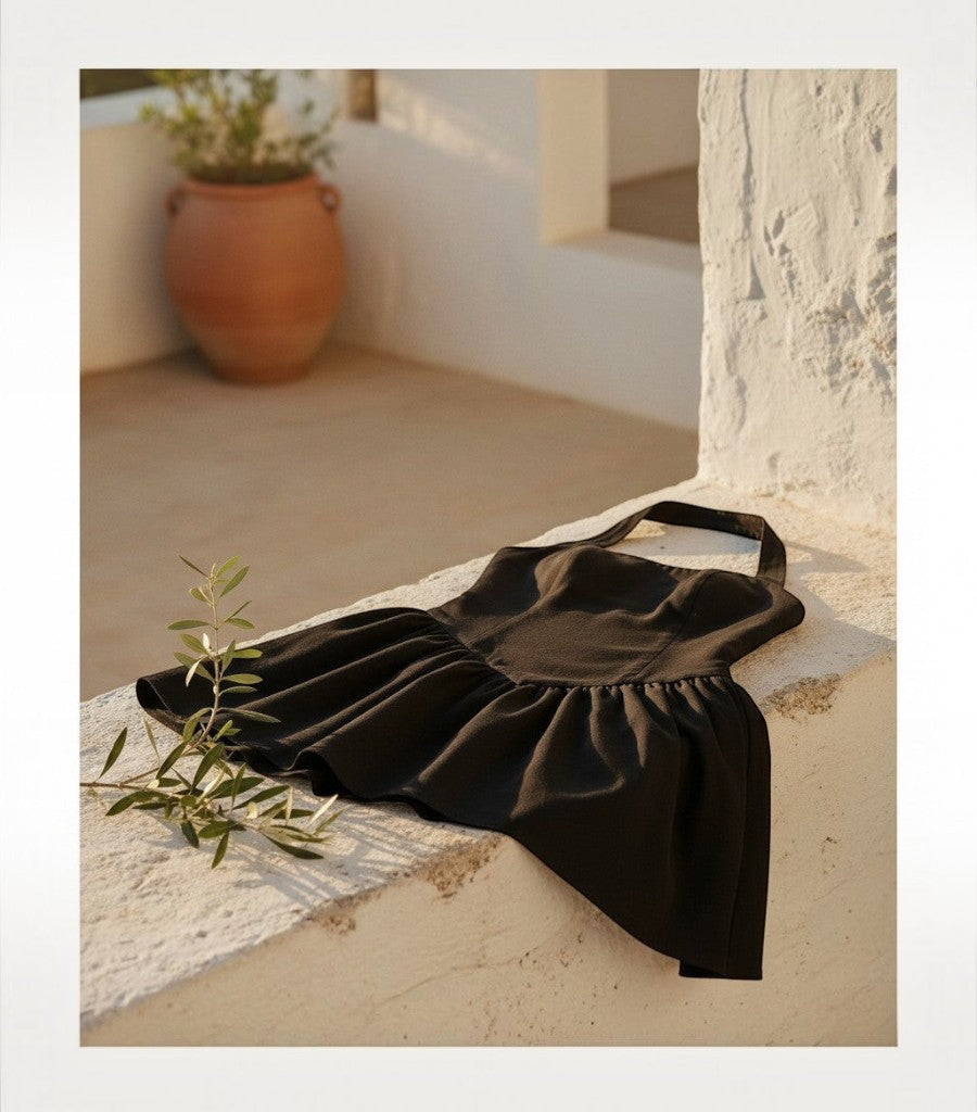 Vestido corto negro Clarvyna de tejido ligero con escote halter, ideal para un estilo veraniego fresco y elegante.