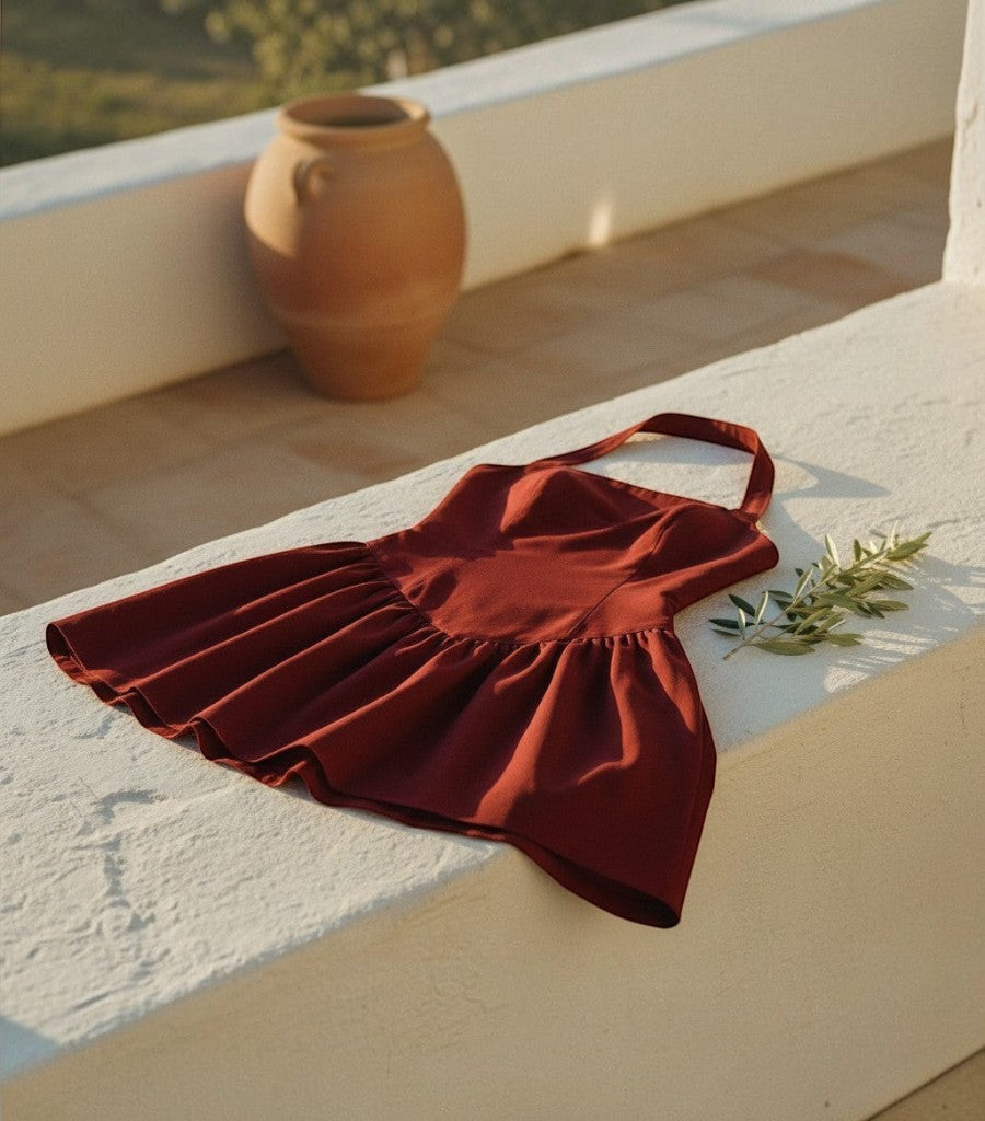 Vestido corto Solana de Clarvyna en color terracota con cuello halter, ideal para un look de verano fresco y elegante.