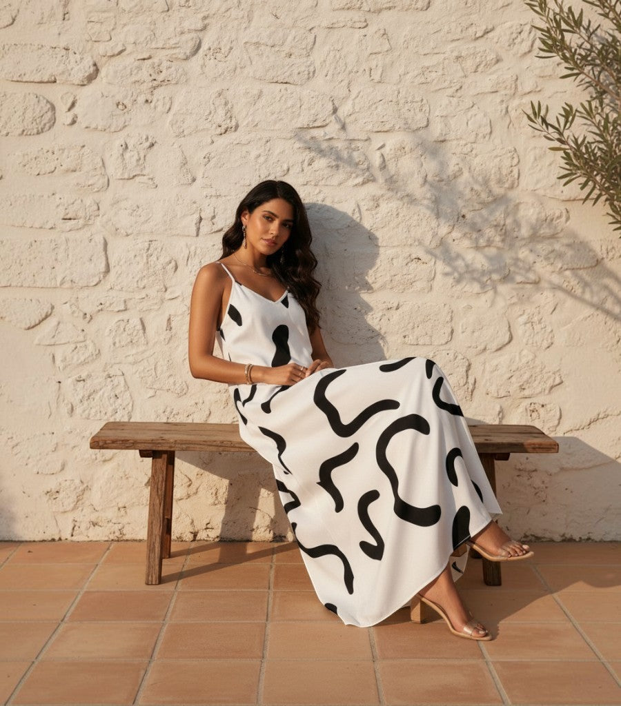 Modelo sentada en banco con vestido largo fluido Clarvyna blanco y negro de tirantes, estilo veraniego elegante.