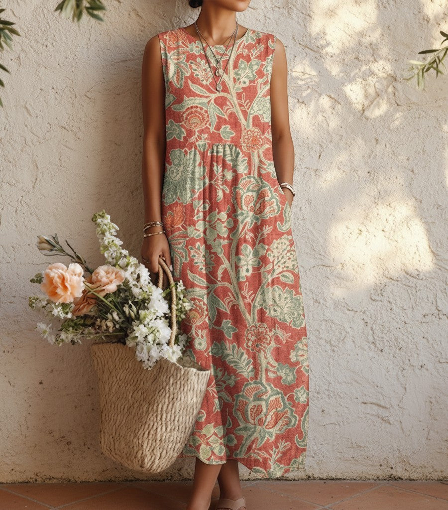 Vestido midi Clarvyna con estampado floral en tonos terracota y verde, corte fluido en mezcla de algodón y viscosa